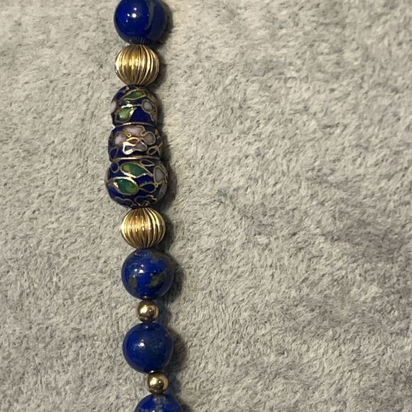 Vintage Lapis Lazuli & Cloisonné Beaded Necklace Unique Shaped 24” - Picture 6 of 13